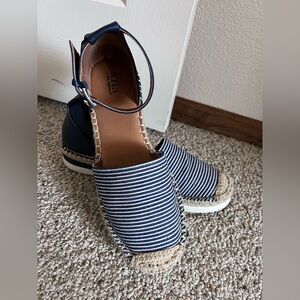 ANA Navy Striped Espadrille Wedges